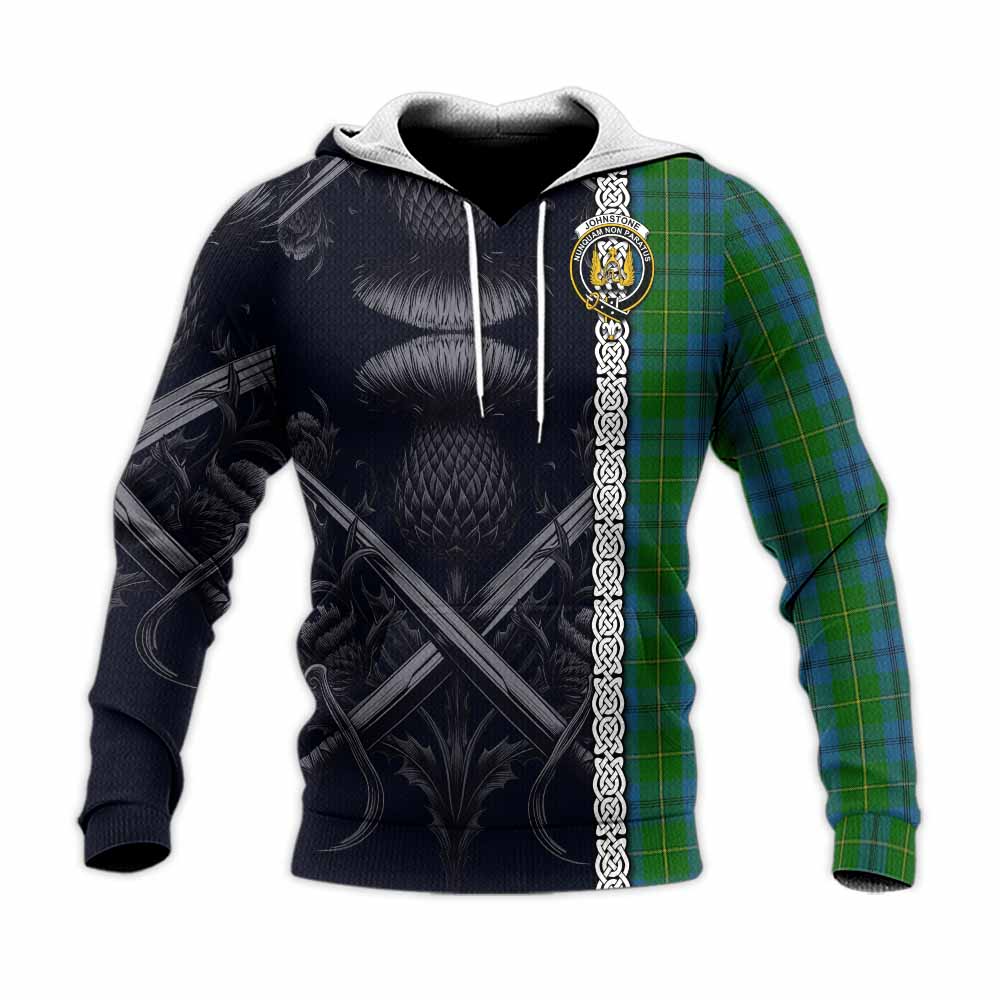 Tartan Vibes Clothing Johnstone (Johnston) Tartan Knitted Hoodie with Family Crest Cross Sword Thistle Celtic Vibes
