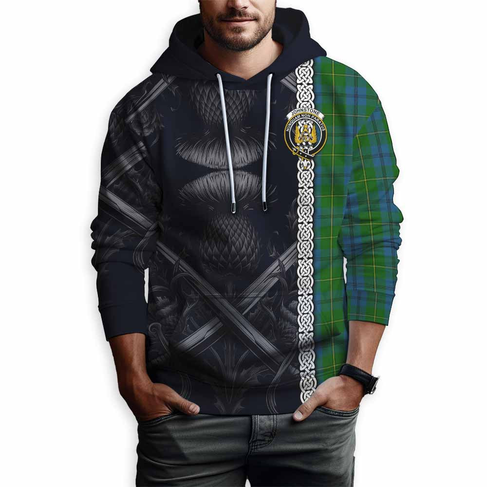 Tartan Vibes Clothing Johnstone (Johnston) Tartan Hoodie with Family Crest Cross Sword Thistle Celtic Vibes