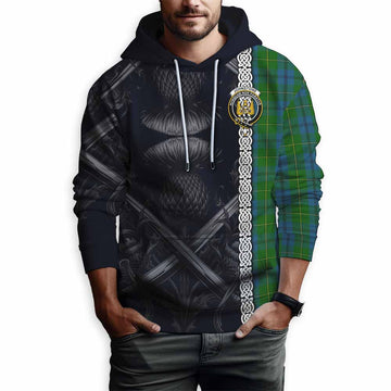 Tartan Vibes Clothing Johnstone (Johnston) Tartan Hoodie with Family Crest Cross Sword Thistle Celtic Vibes