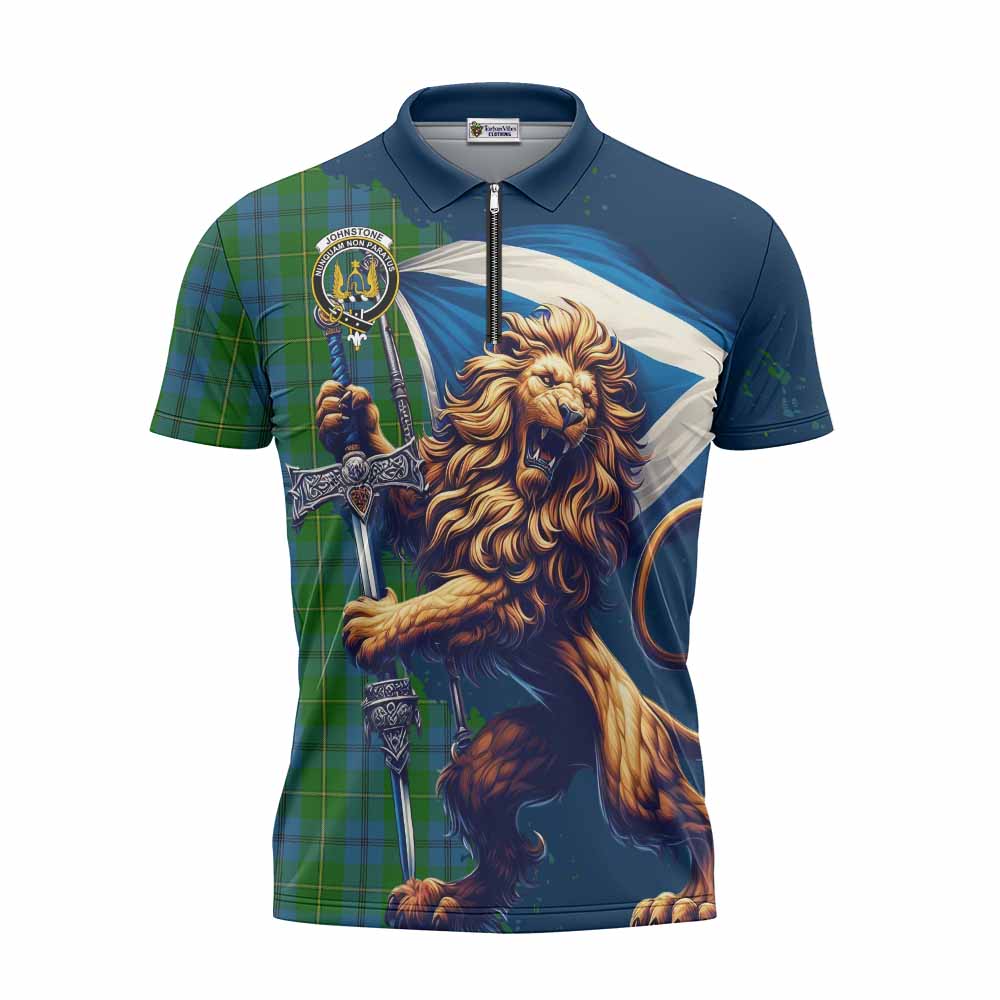 Tartan Vibes Clothing Johnstone (Johnston) Tartan Family Crest Zipper Polo Shirt with Scottish Majestic Lion