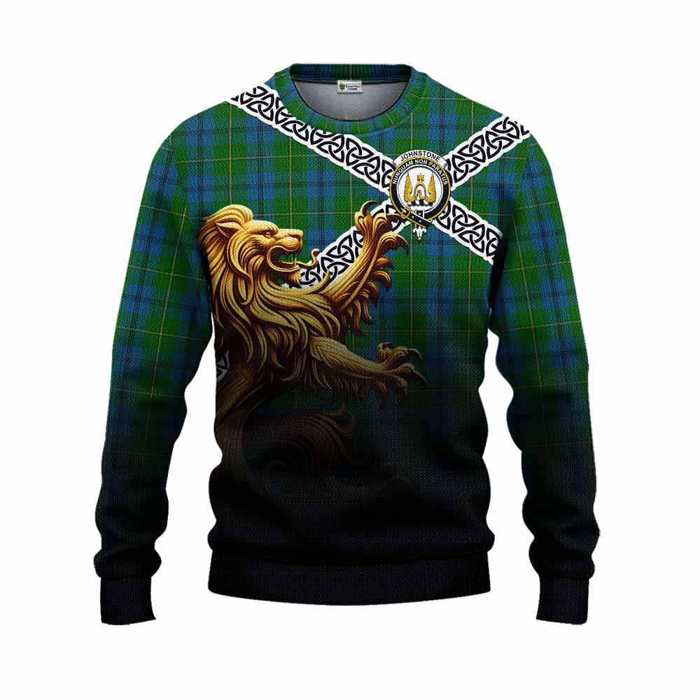 Tartan Vibes Clothing Johnstone (Johnston) Crest Tartan Knitted Sweater with Golden Lion Emblem Celtic Style