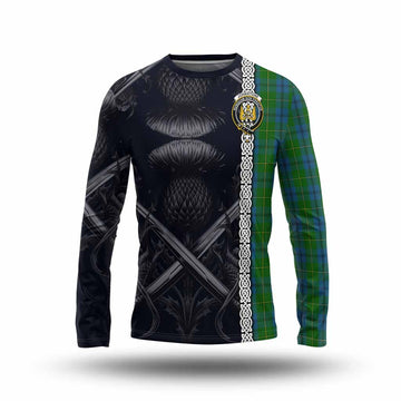 Tartan Vibes Clothing Johnstone (Johnston) Tartan Long Sleeve T-Shirt with Family Crest Cross Sword Thistle Celtic Vibes