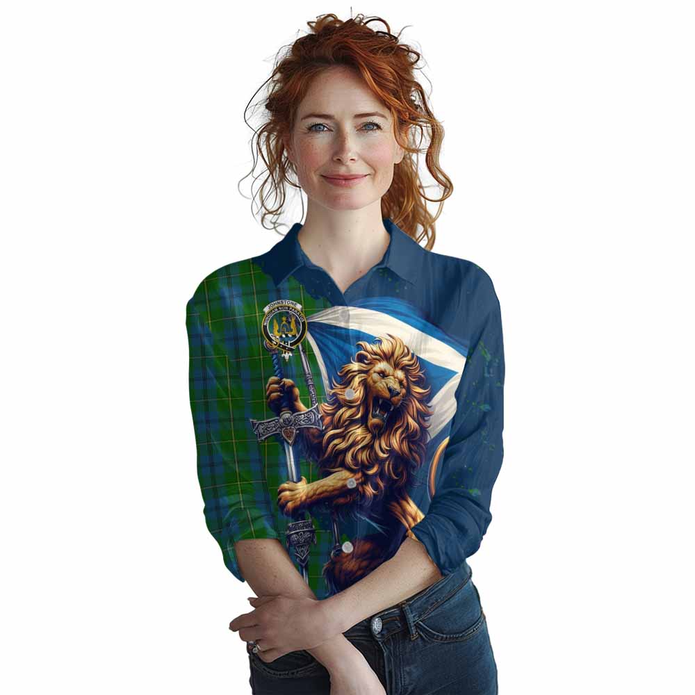Tartan Vibes Clothing Johnstone (Johnston) Tartan Family Crest Women's Casual Shirt with Scottish Majestic Lion
