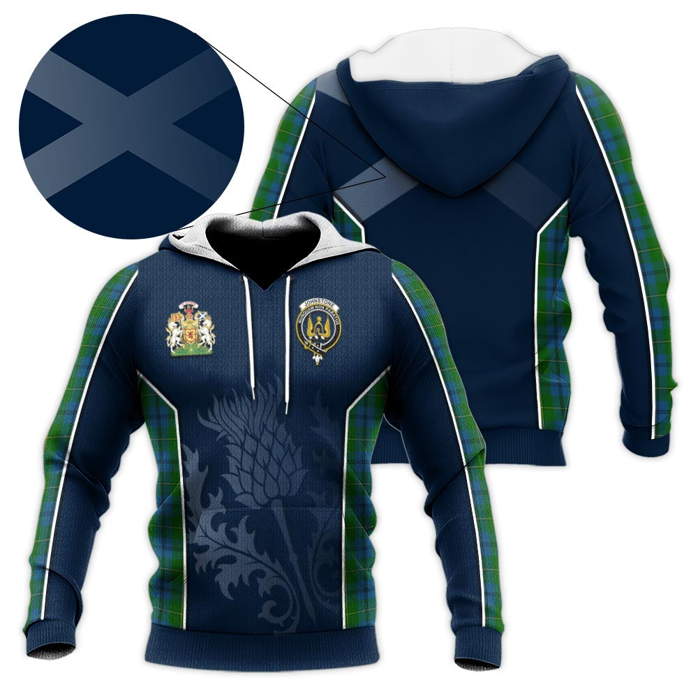 Tartan Vibes Clothing Johnstone-Johnston Tartan Knitted Hoodie with Family Crest and Scottish Thistle Vibes Sport Style