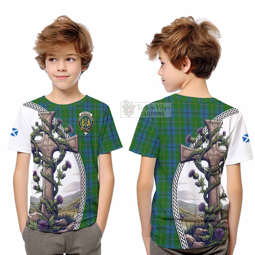 Tartan Vibes Clothing Johnstone (Johnston) Tartan Kid T-Shirt with Family Crest and St. Andrew's Cross Accented by Thistle Vines