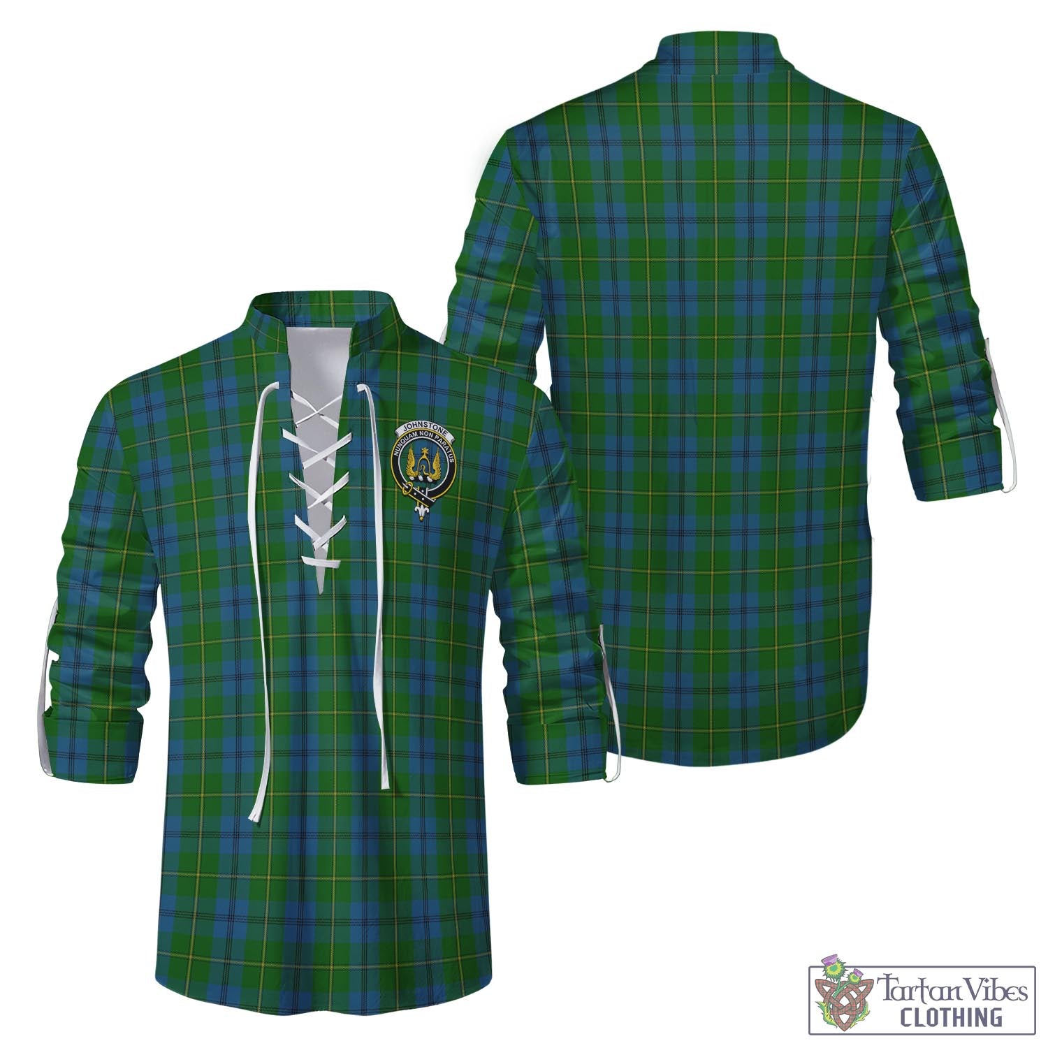 Tartan Vibes Clothing Johnstone-Johnston Tartan Men's Scottish Traditional Jacobite Ghillie Kilt Shirt with Family Crest
