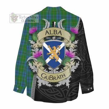 Tartan Vibes Clothing Johnstone (Johnston) Tartan Family Crest Women's Casual Shirt Lion Rampant Royal Thistle Shield Celtic Inspired