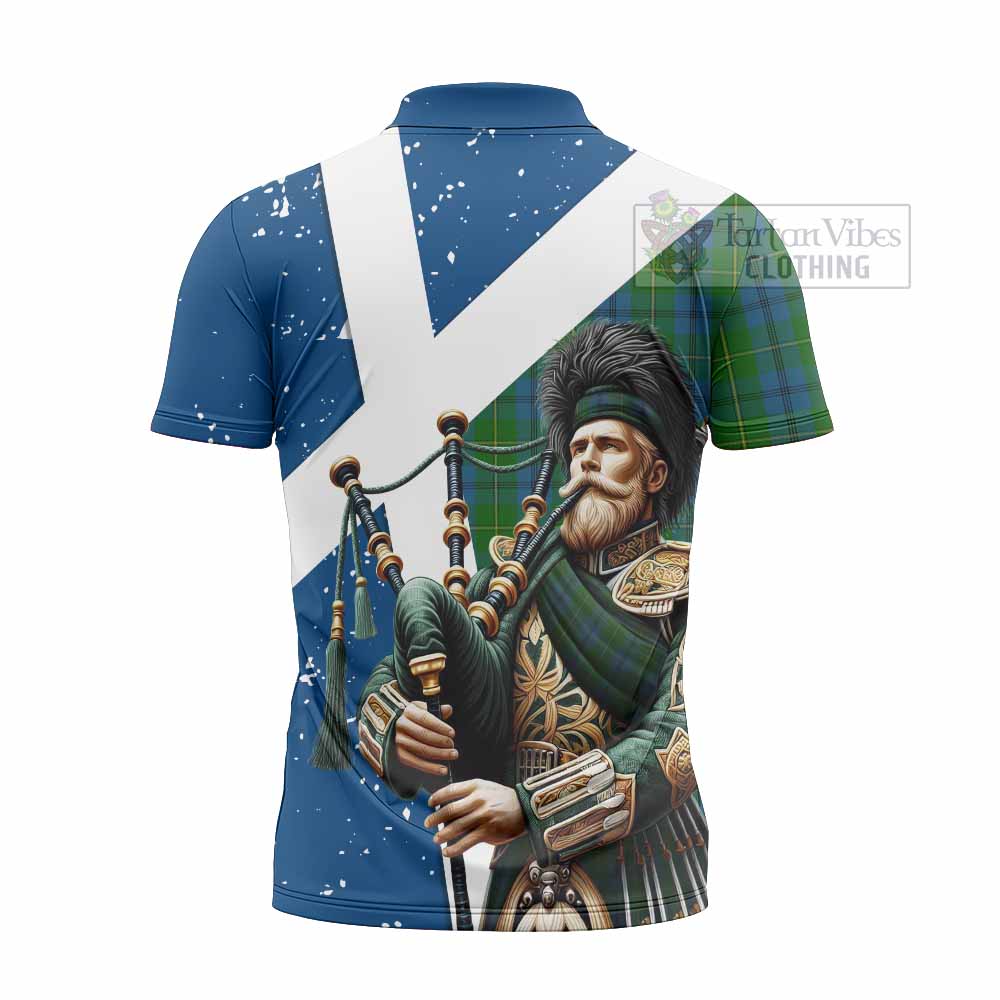 Tartan Vibes Clothing Johnstone (Johnston) Tartan Zipper Polo Shirt with Family Crest Scottish Bagpiper Vibes