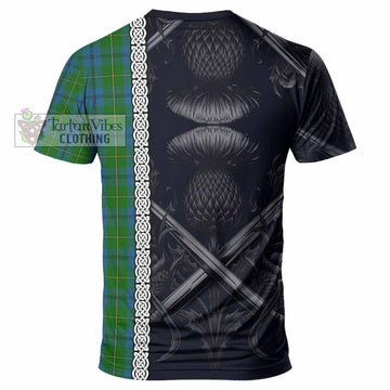Tartan Vibes Clothing Johnstone (Johnston) Tartan T-Shirt with Family Crest Cross Sword Thistle Celtic Vibes