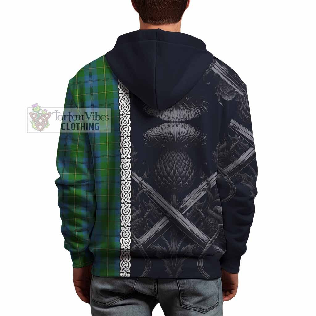 Tartan Vibes Clothing Johnstone (Johnston) Tartan Hoodie with Family Crest Cross Sword Thistle Celtic Vibes