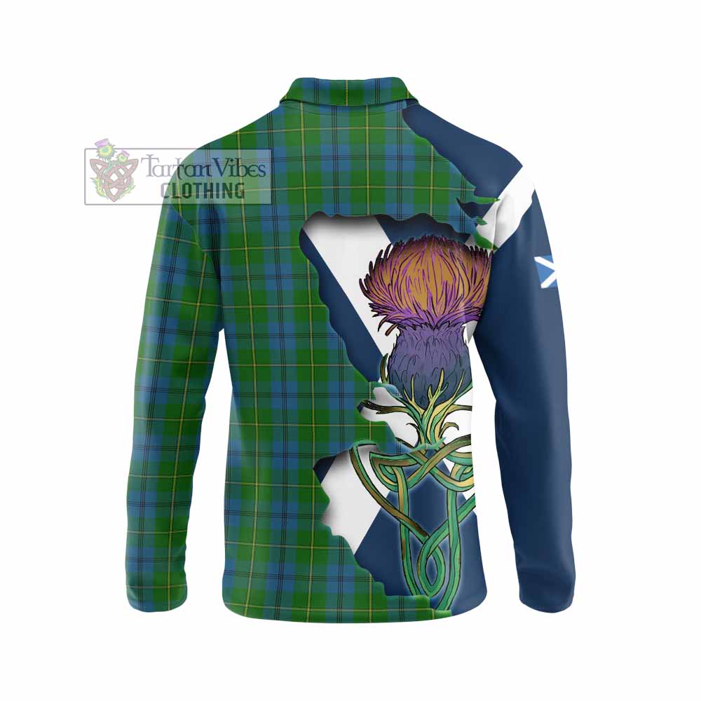 Tartan Vibes Clothing Johnstone (Johnston) Tartan Family Crest Long Sleeve Polo Shirt Scottish Thistle Celtic Inspired