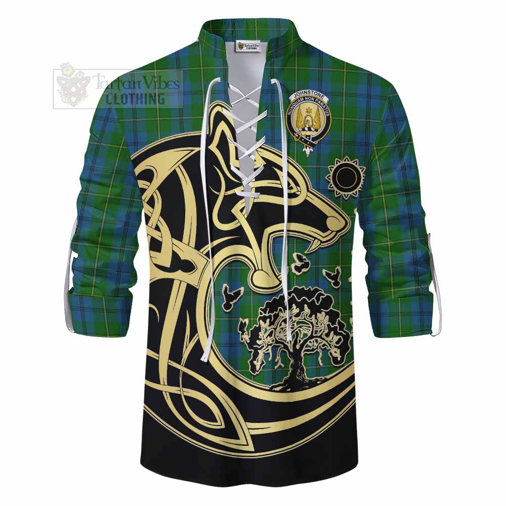 Tartan Vibes Clothing Johnstone (Johnston) Tartan Ghillie Kilt Shirt with Family Crest Celtic Wolf Style