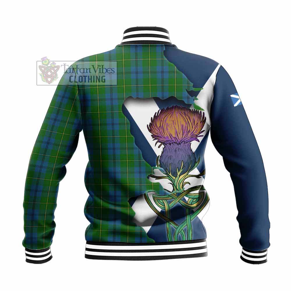 Tartan Vibes Clothing Johnstone (Johnston) Tartan Family Crest Baseball Jacket Scottish Thistle Celtic Inspired
