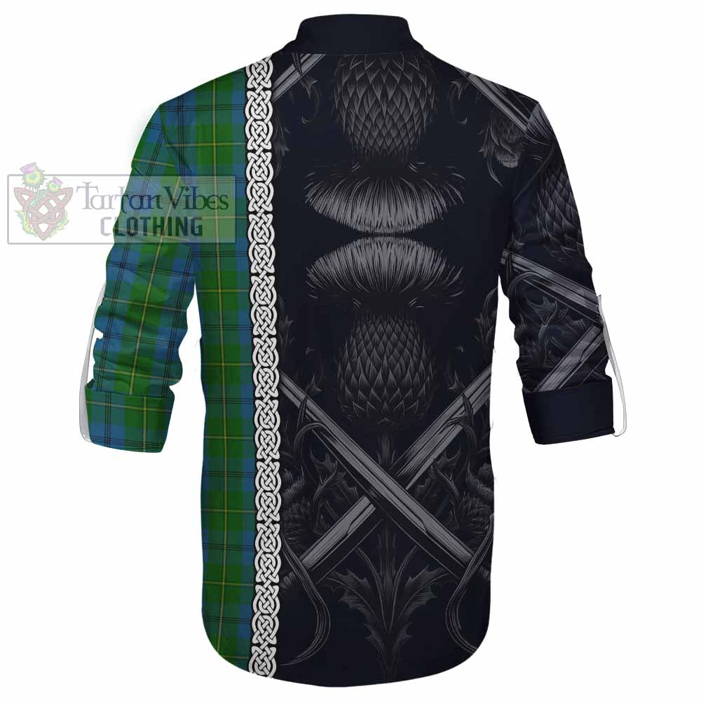 Tartan Vibes Clothing Johnstone (Johnston) Tartan Ghillie Kilt Shirt with Family Crest Cross Sword Thistle Celtic Vibes