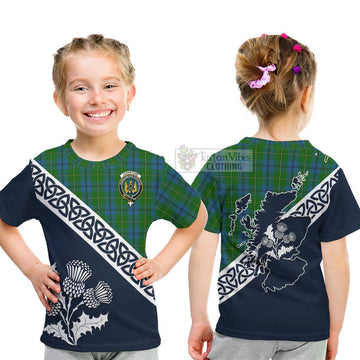 Tartan Vibes Clothing Johnstone (Johnston) Tartan Kid T-Shirt Featuring Thistle and Scotland Map
