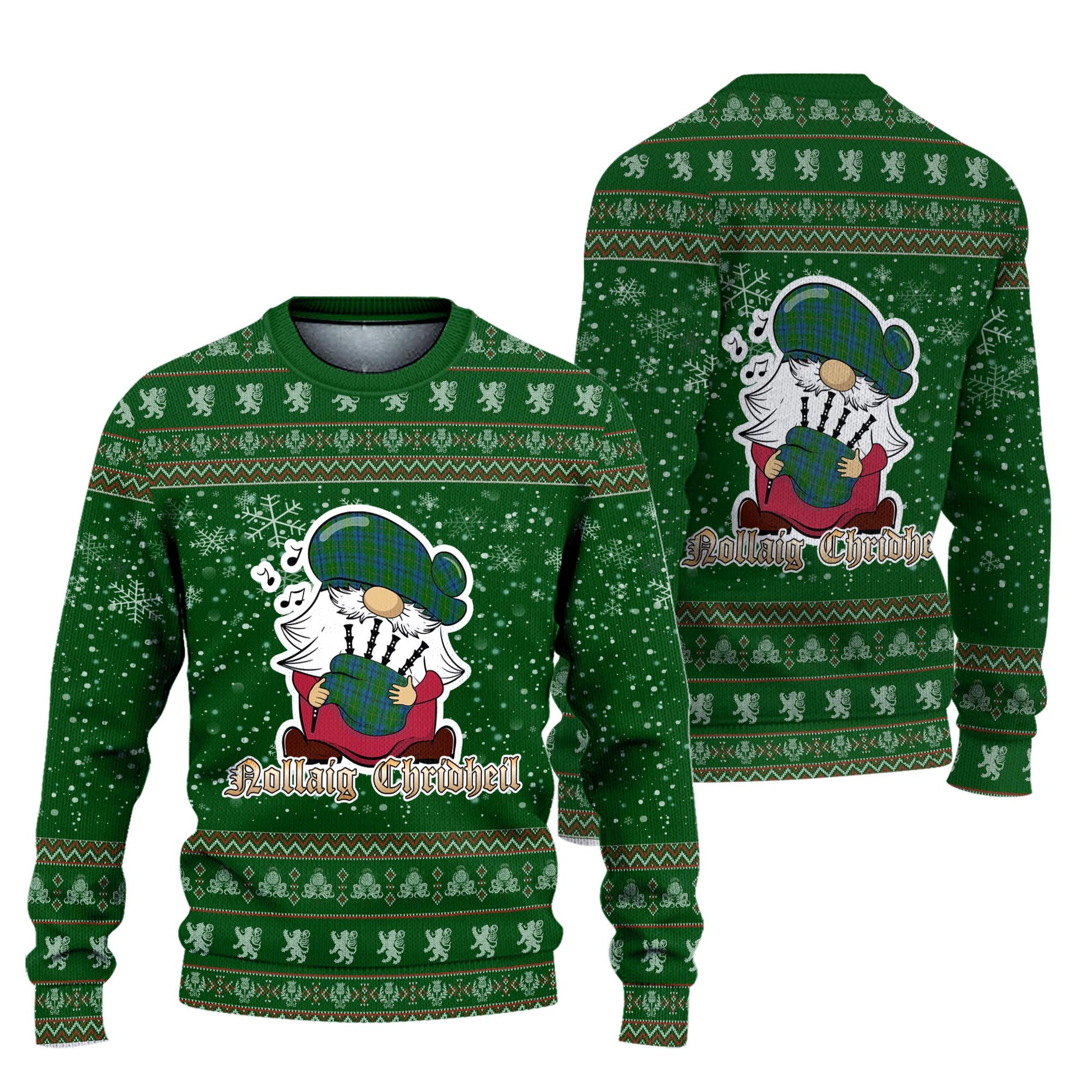 Johnstone-Johnston Clan Christmas Family Knitted Sweater with Funny Gnome Playing Bagpipes Unisex Green - Tartanvibesclothing