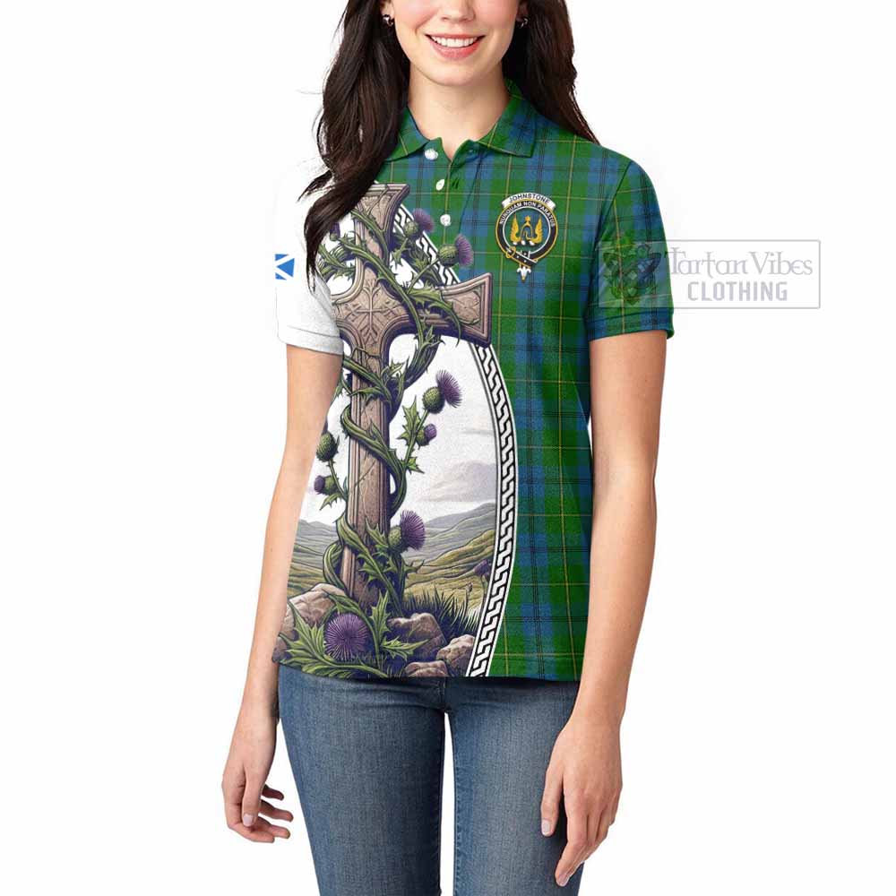 Tartan Vibes Clothing Johnstone (Johnston) Tartan Women's Polo Shirt with Family Crest and St. Andrew's Cross Accented by Thistle Vines