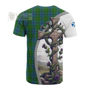 Tartan Vibes Clothing Johnstone (Johnston) Tartan Cotton T-shirt with Family Crest and St. Andrew's Cross Accented by Thistle Vines