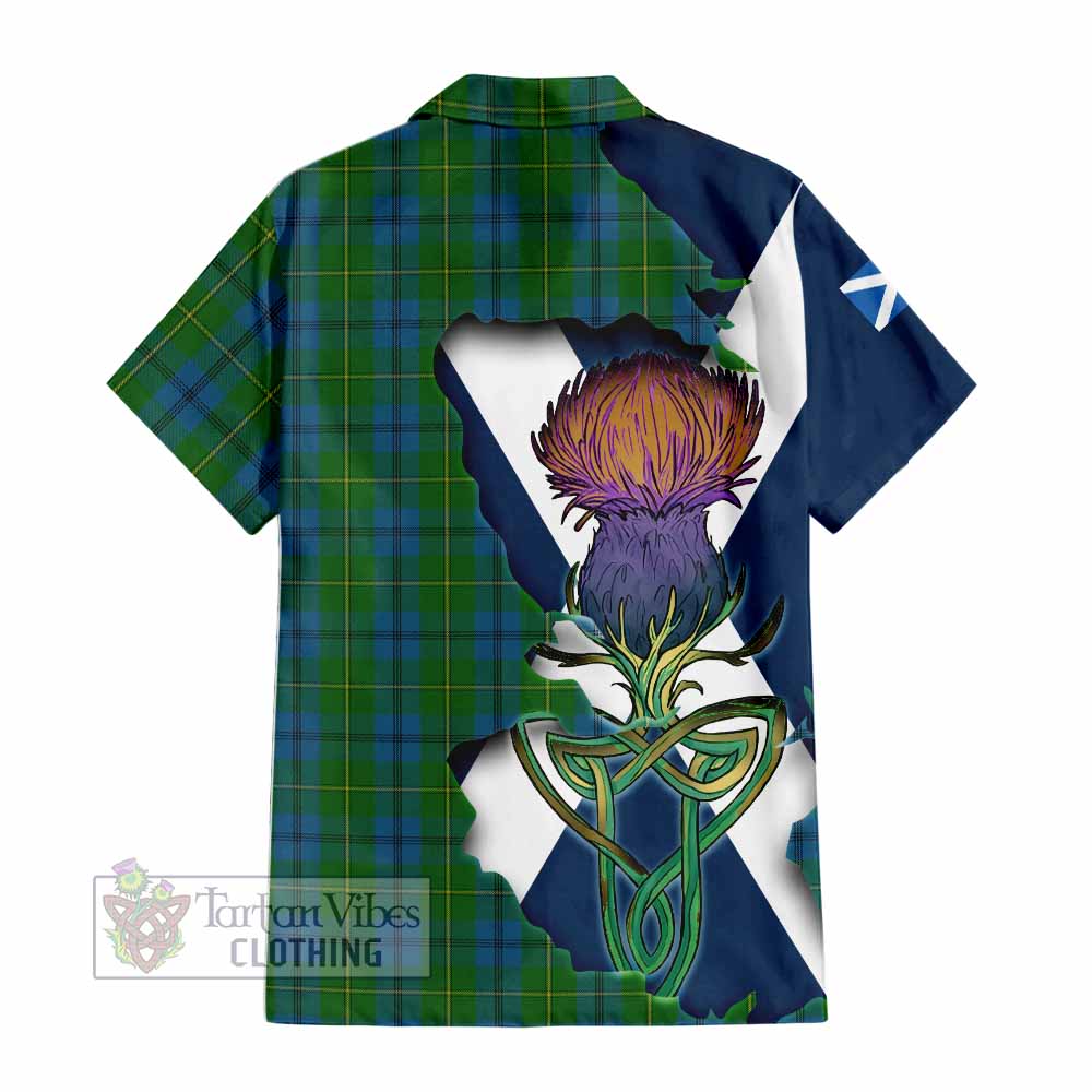 Tartan Vibes Clothing Johnstone (Johnston) Tartan Family Crest Short Sleeve Button Shirt Scottish Thistle Celtic Inspired