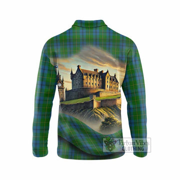 Johnstone (Johnston) Tartan Family Crest Long Sleeve Polo Shirt with Scottish Ancient Castle Style