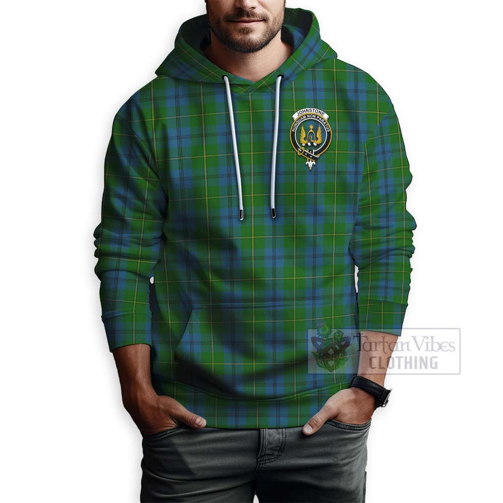 Tartan Vibes Clothing Johnstone (Johnston) Tartan Hoodie with Family Crest and Bearded Skull Holding Bottles of Whiskey