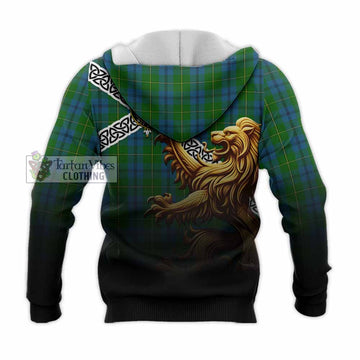 Tartan Vibes Clothing Johnstone (Johnston) Crest Tartan Knitted Hoodie with Golden Lion Emblem Celtic Style