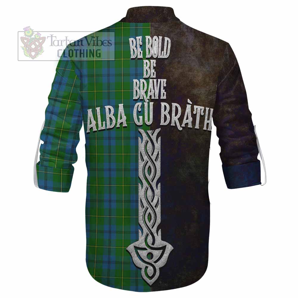 Tartan Vibes Clothing Johnstone (Johnston) Tartan Family Crest Ghillie Kilt Shirt Alba Gu Brath Be Brave Lion Ancient Style