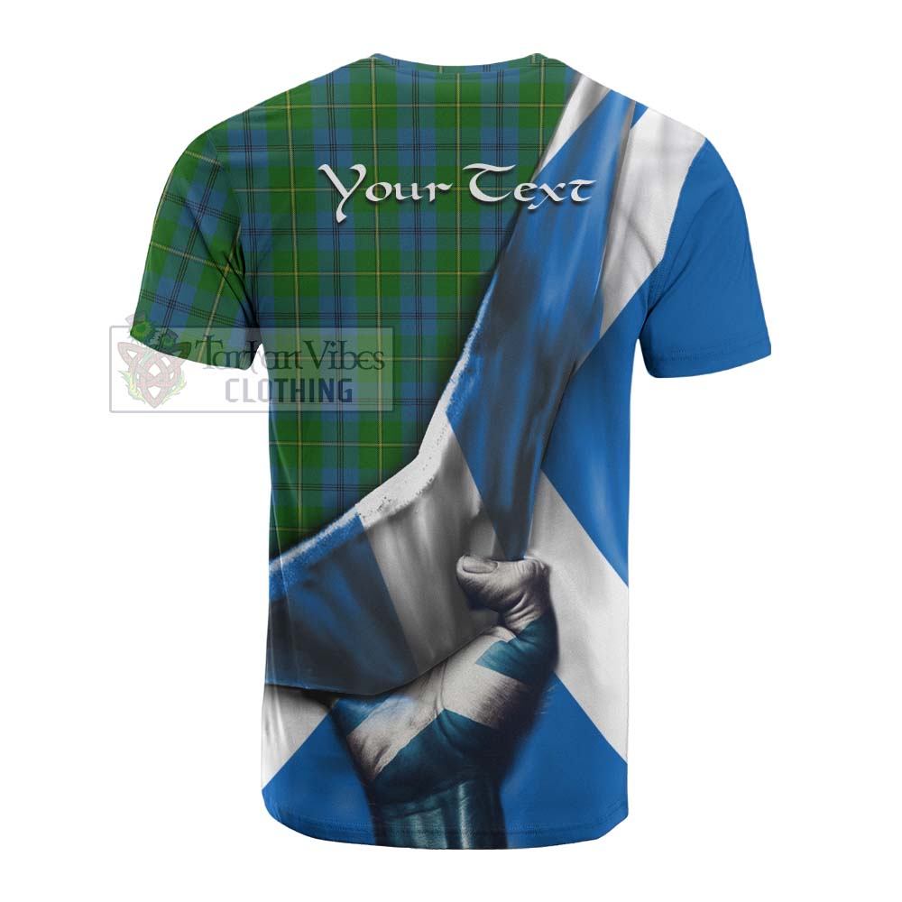 Tartan Vibes Clothing Johnstone (Johnston) Tartan Cotton T-shirt with Family Crest Scotland Patriotic Style