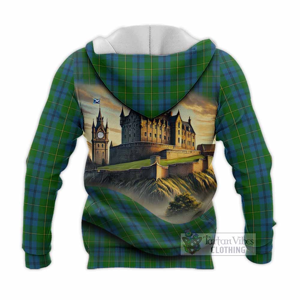 Tartan Vibes Clothing Johnstone (Johnston) Tartan Family Crest Knitted Hoodie with Scottish Ancient Castle Style