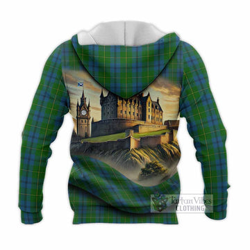 Tartan Vibes Clothing Johnstone (Johnston) Tartan Family Crest Knitted Hoodie with Scottish Ancient Castle Style