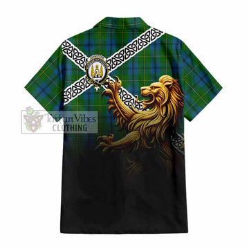 Johnstone (Johnston) Crest Tartan Hawaiian Shirt with Golden Lion Emblem Celtic Style