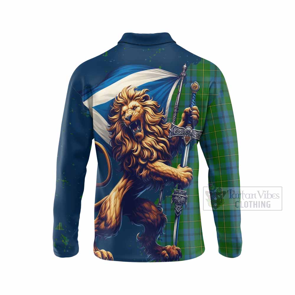 Tartan Vibes Clothing Johnstone (Johnston) Tartan Family Crest Long Sleeve Polo Shirt with Scottish Majestic Lion