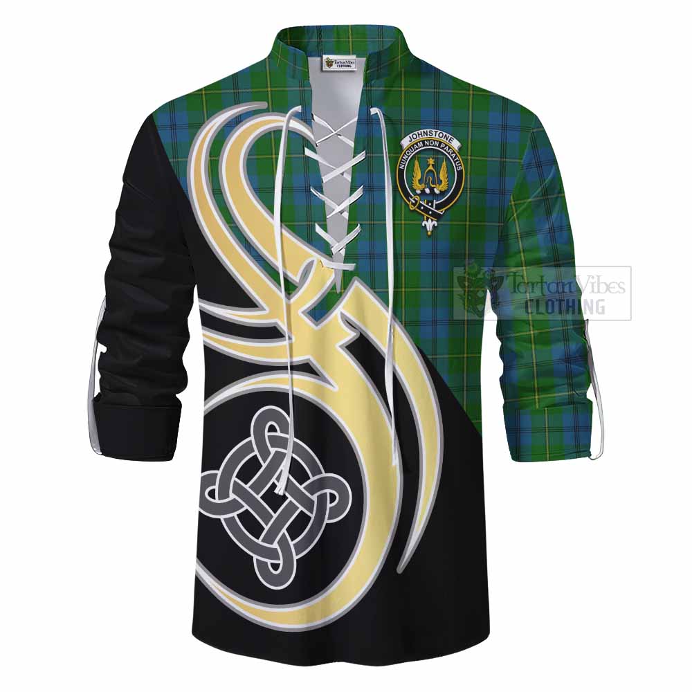 Tartan Vibes Clothing Johnstone (Johnston) Tartan Ghillie Kilt Shirt with Family Crest and Celtic Symbol Style