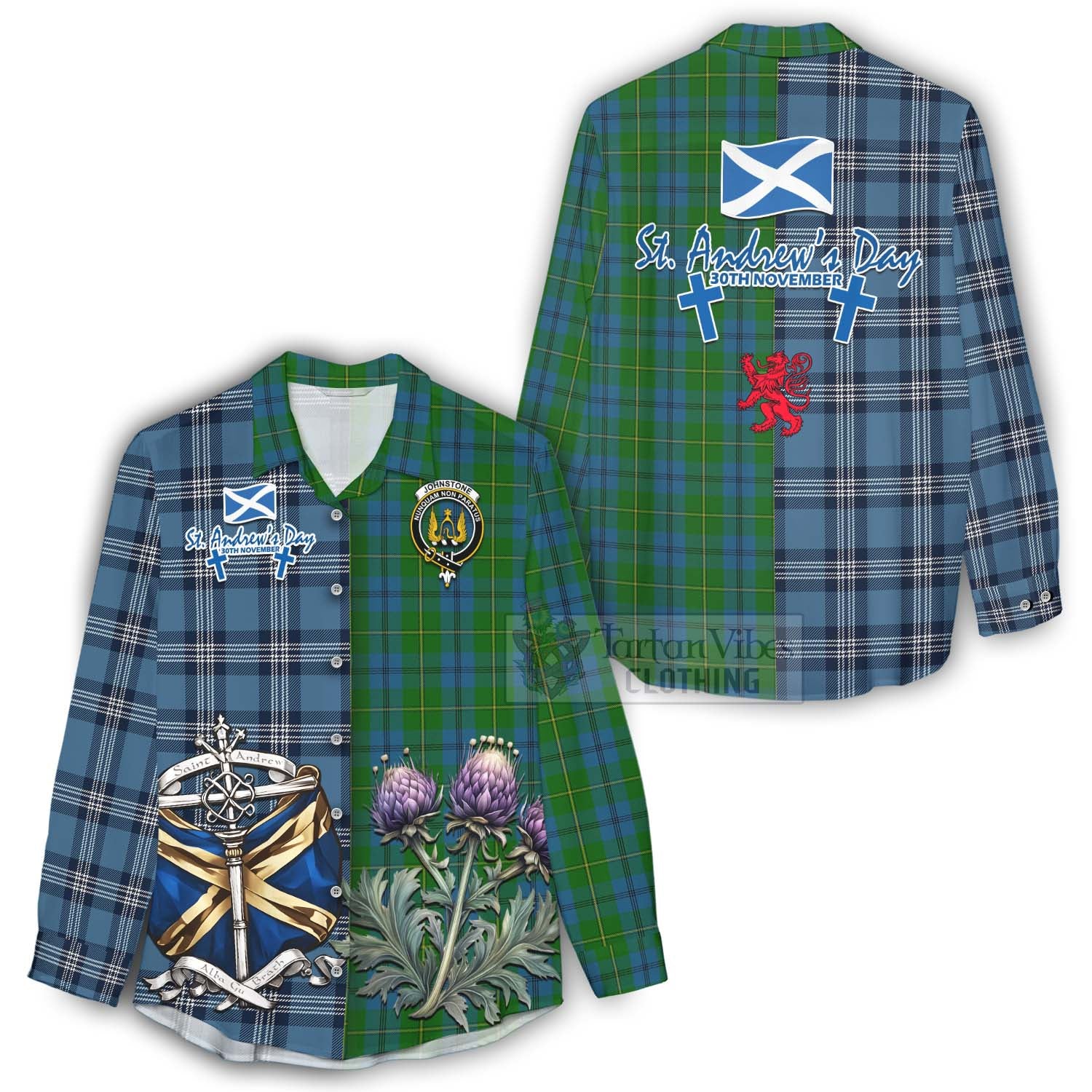 Tartan Vibes Clothing Johnstone (Johnston) Tartan Women's Casual Shirt Happy St. Andrew's Day Half Tartan Style