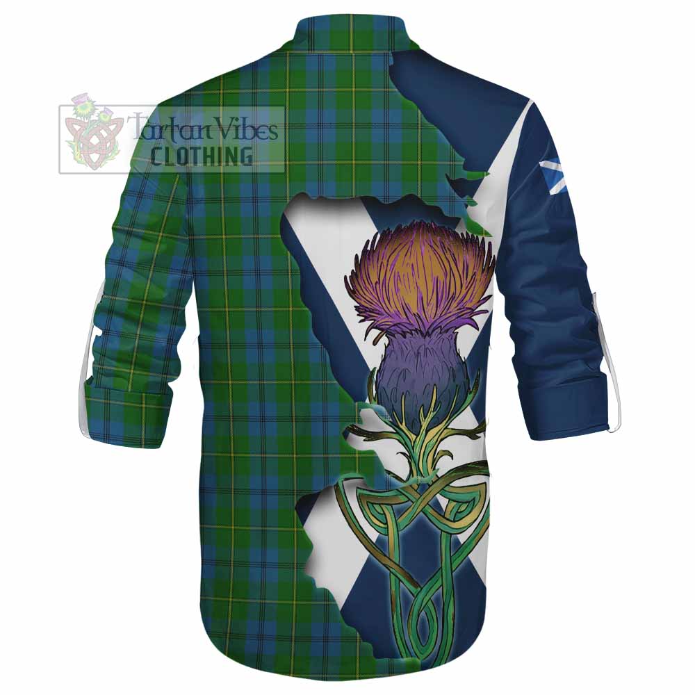 Tartan Vibes Clothing Johnstone (Johnston) Tartan Family Crest Ghillie Kilt Shirt Scottish Thistle Celtic Inspired