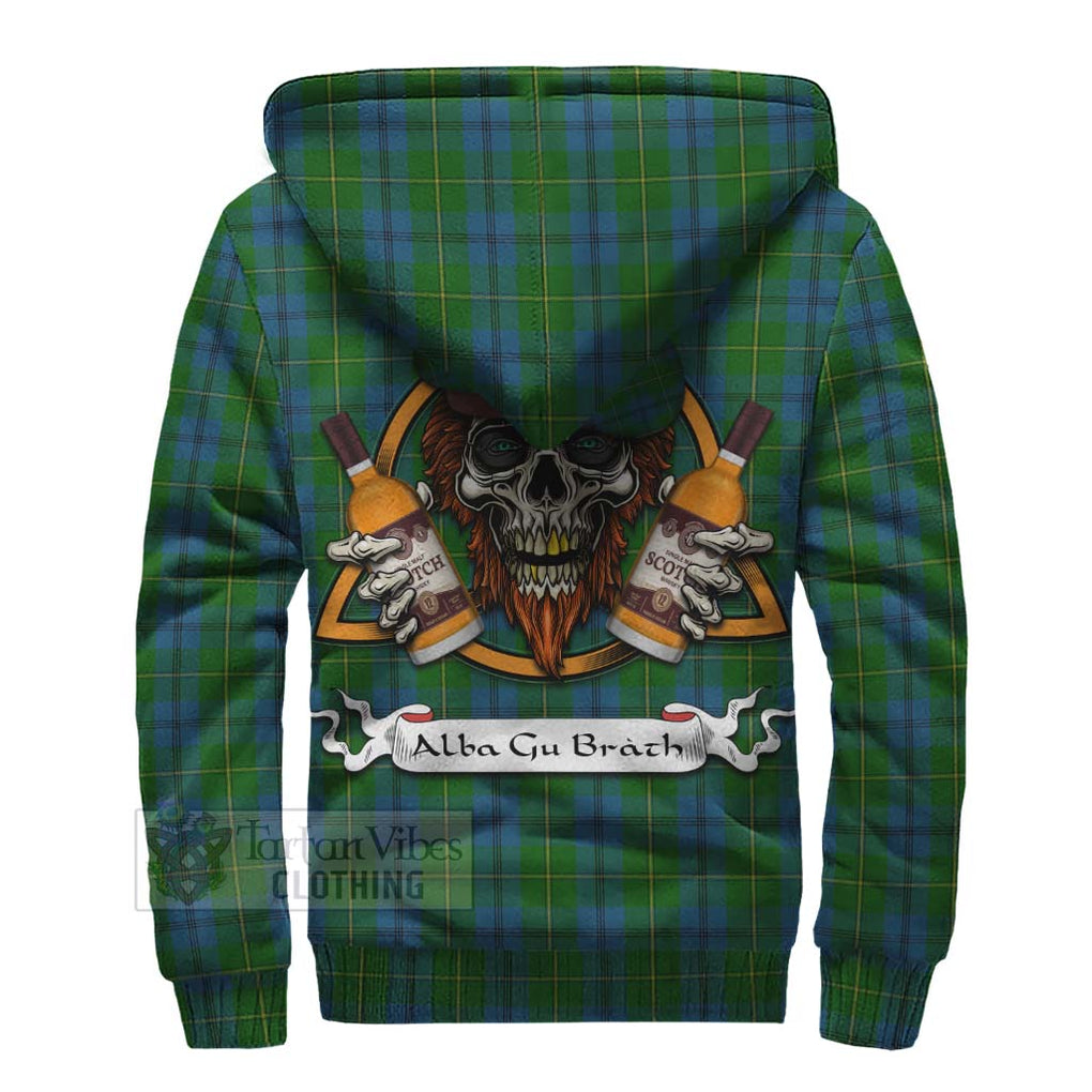 Tartan Vibes Clothing Johnstone (Johnston) Tartan Sherpa Hoodie with Family Crest and Bearded Skull Holding Bottles of Whiskey