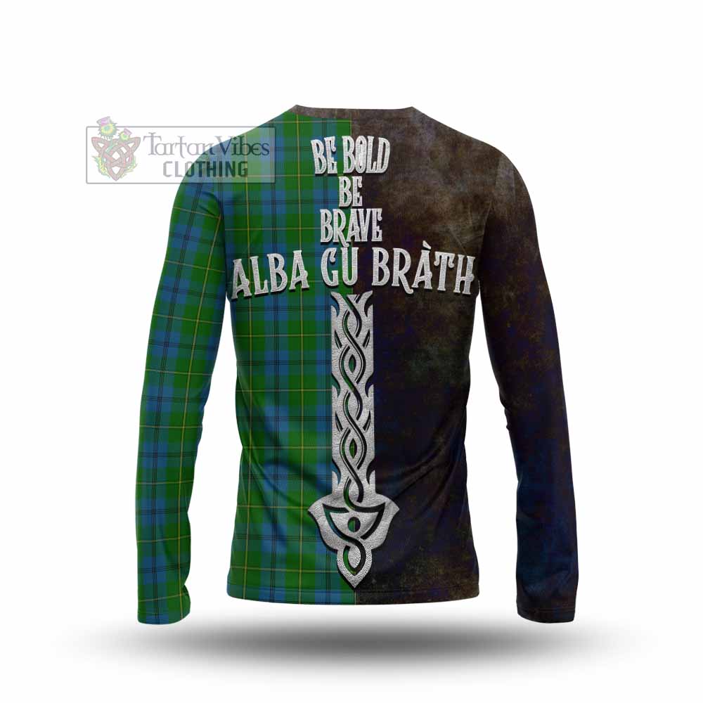 Tartan Vibes Clothing Johnstone (Johnston) Tartan Family Crest Long Sleeve T-Shirt Alba Gu Brath Be Brave Lion Ancient Style