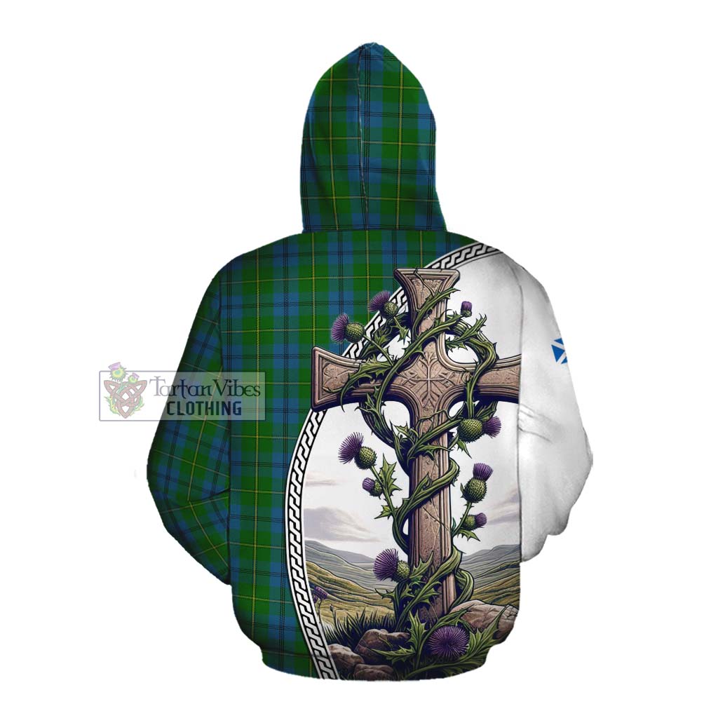 Tartan Vibes Clothing Johnstone (Johnston) Tartan Cotton Hoodie with Family Crest and St. Andrew's Cross Accented by Thistle Vines