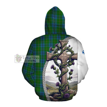 Tartan Vibes Clothing Johnstone (Johnston) Tartan Cotton Hoodie with Family Crest and St. Andrew's Cross Accented by Thistle Vines