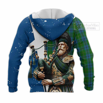Tartan Vibes Clothing Johnstone (Johnston) Tartan Knitted Hoodie with Family Crest Scottish Bagpiper Vibes