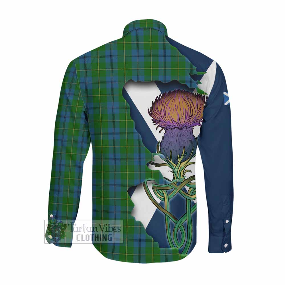 Tartan Vibes Clothing Johnstone (Johnston) Tartan Family Crest Long Sleeve Button Shirt Scottish Thistle Celtic Inspired