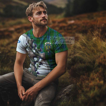 Tartan Vibes Clothing Johnstone (Johnston) Agnew Tartan T-Shirt with Family Crest and St. Andrew's Cross Accented by Thistle Vines