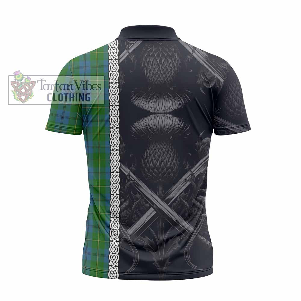 Tartan Vibes Clothing Johnstone (Johnston) Tartan Zipper Polo Shirt with Family Crest Cross Sword Thistle Celtic Vibes