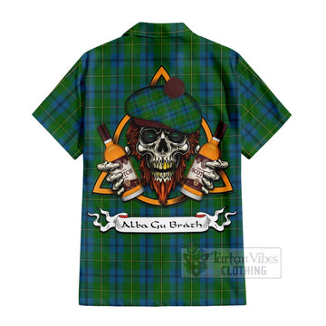 Tartan Vibes Clothing Johnstone (Johnston) Tartan Short Sleeve Button Shirt with Family Crest and Bearded Skull Holding Bottles of Whiskey
