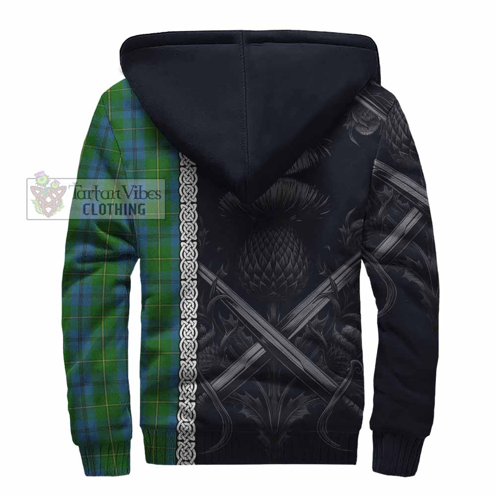 Tartan Vibes Clothing Johnstone (Johnston) Tartan Sherpa Hoodie with Family Crest Cross Sword Thistle Celtic Vibes