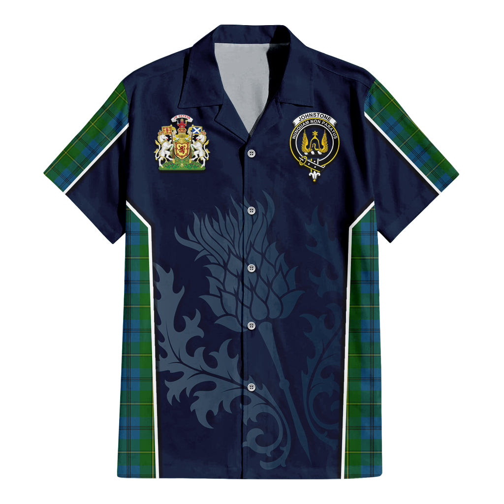Tartan Vibes Clothing Johnstone-Johnston Tartan Short Sleeve Button Up Shirt with Family Crest and Scottish Thistle Vibes Sport Style