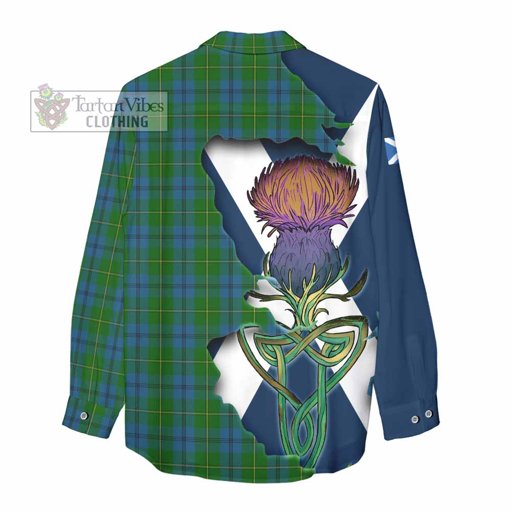 Tartan Vibes Clothing Johnstone (Johnston) Tartan Family Crest Women's Casual Shirt Scottish Thistle Celtic Inspired