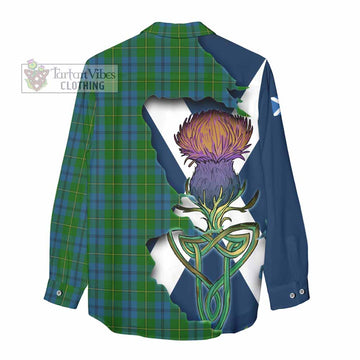 Tartan Vibes Clothing Johnstone (Johnston) Tartan Family Crest Women's Casual Shirt Scottish Thistle Celtic Inspired
