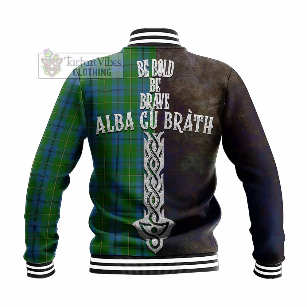 Tartan Vibes Clothing Johnstone (Johnston) Tartan Family Crest Baseball Jacket Alba Gu Brath Be Brave Lion Ancient Style