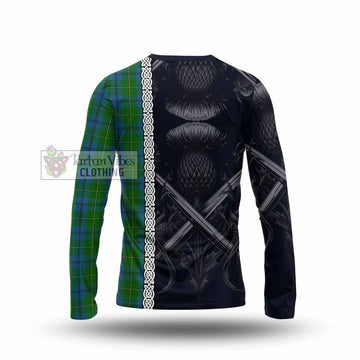 Tartan Vibes Clothing Johnstone (Johnston) Tartan Long Sleeve T-Shirt with Family Crest Cross Sword Thistle Celtic Vibes